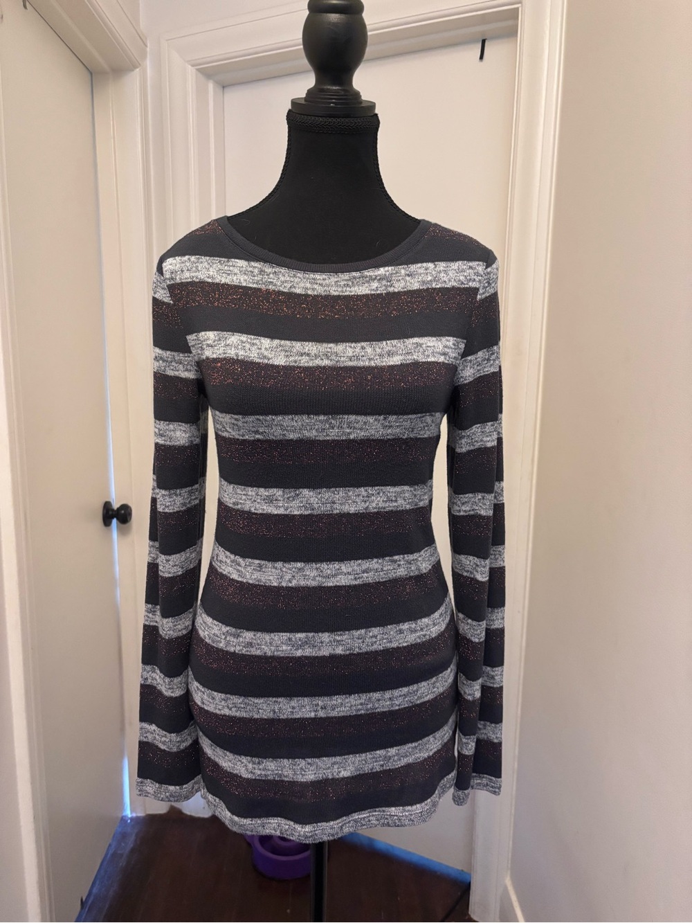 Striped Marc Aurel Long Sleeve Knit Tunic - Black, Copper and Gray